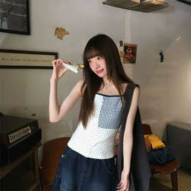 复古波点小方块格纹拼接小吊带女生夏季时尚无袖背心外穿chic上衣