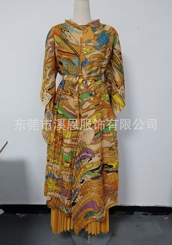 Miayki三宅褶皱花边领不规则印花上衣+阔腿裤两件套大码女装跨境|undefined
