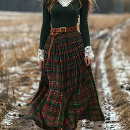 跨境欧美女装秋冬格纹大摆长裙复古V领长袖田园风连衣裙