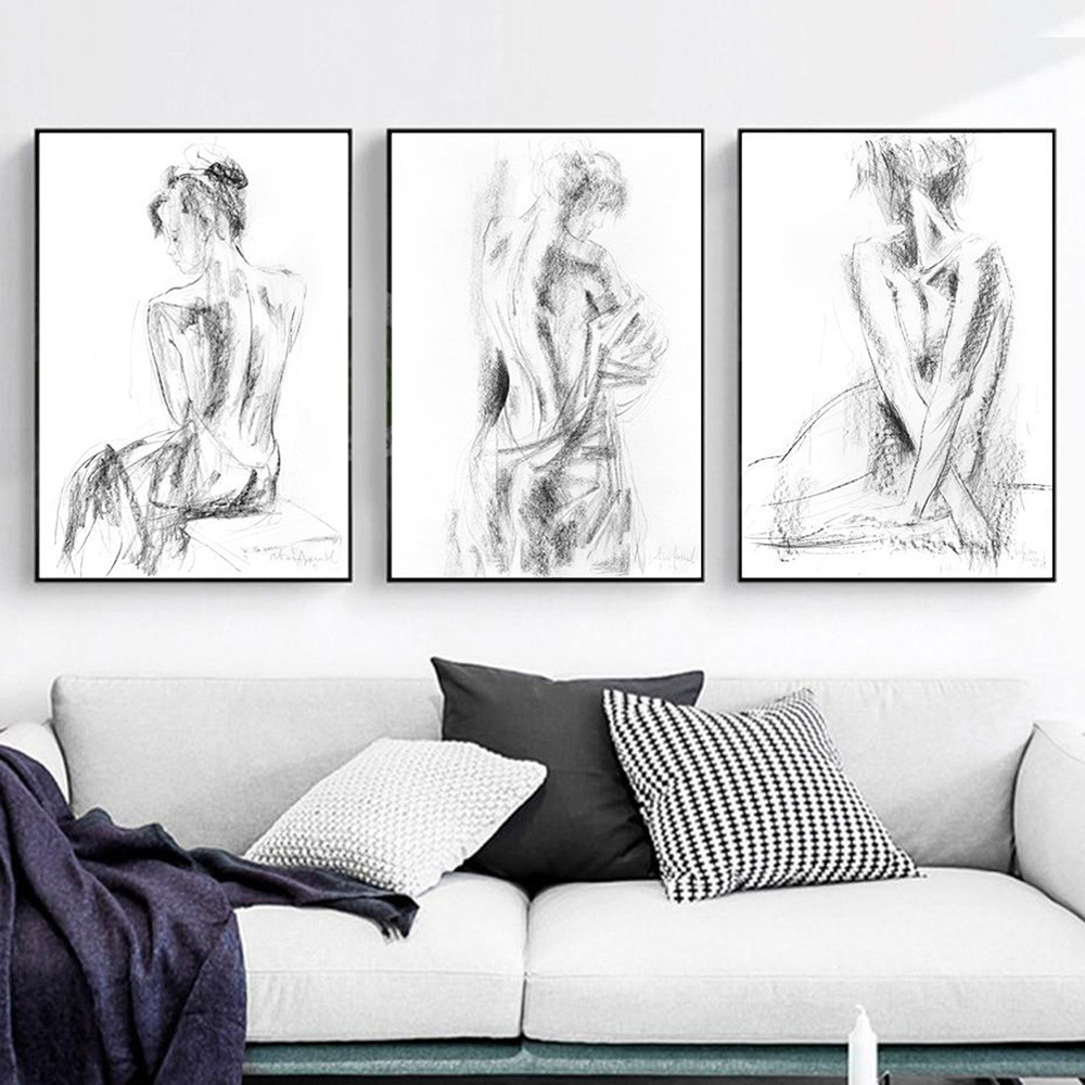 速卖通性感黑白裸体素描沙发背景墙装饰画客厅卧室餐厅挂画画芯