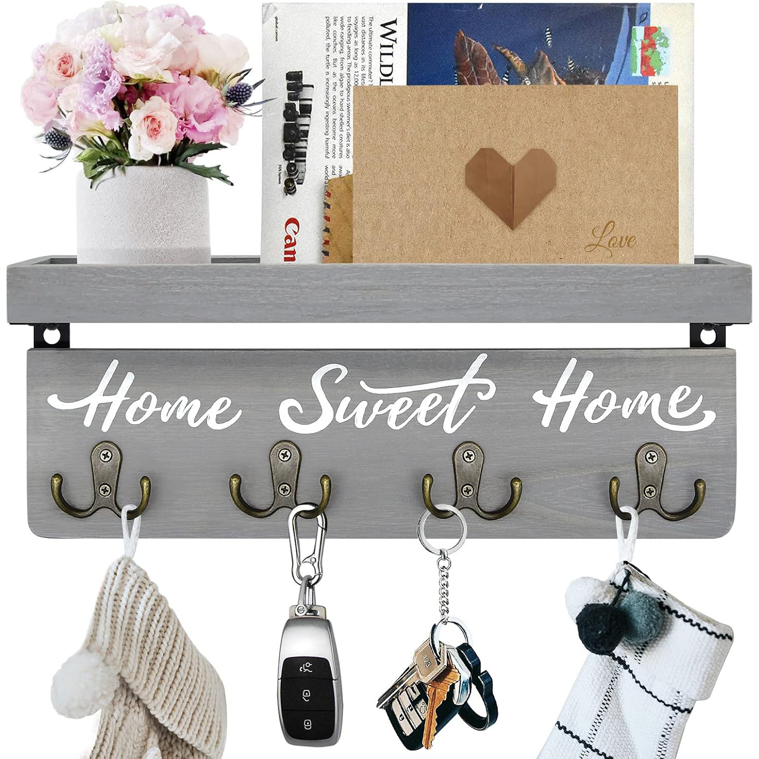Gray Solid Wood Wall-Mounted Key Rack with 4 Double Hooks, Rustic Style Mail Organizer for Entryway