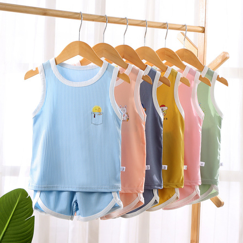 Children's Summer Quick-Dry V-Neck Suit Set Ice Silk Clothing Boy Girl Two-Piece Set Factory Wholesale