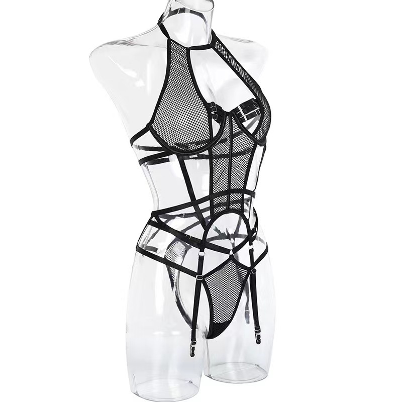 Black Color Strapped In Sheer Lingerie Bodysuit