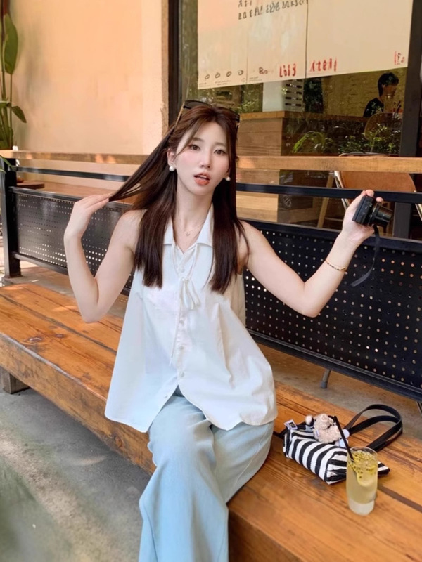 韓国白ノースリーブベストシャツ女性の夏のデザインニッチホルターシャツベビードールシャツ気質トップ|undefined