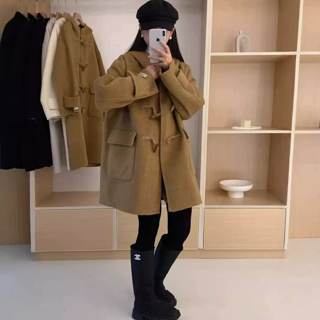 2024 новая осенне-зимняя двусторонняя кашемировая верхняя одежда для женщин, верхняя одежда с капюшоном в корейском стиле, шерстяная верхняя одежда в консервативном стиле для маленьких людей