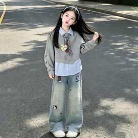 女童可爱假两件薄款卫衣春秋季新款女孩休闲个性卡通牛仔裤两件套