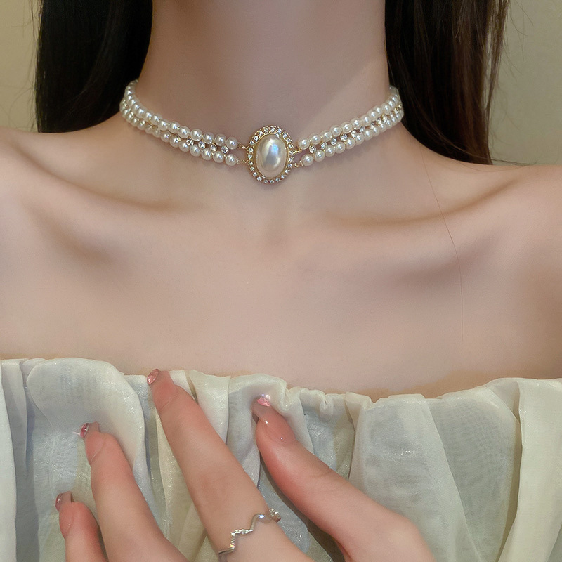 ダイヤモンド楕円二重バロック真珠ネックレス女性フランスレトロ気質鎖骨チェーンファッション高級感アクセサリー|undefined