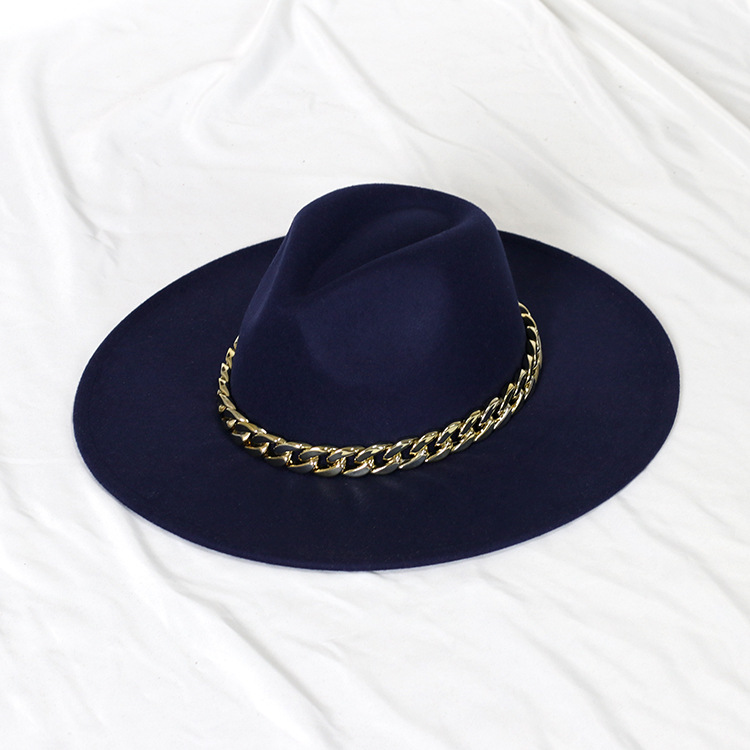 Sombrero de jazz con cadena dorada, sombrero francés vintage de ala ancha en forma de corazón para mujer, sombrero de fieltro oversize.