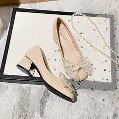 2022新款秋季淺口日常可穿配裙子仙女風粗跟大碼單鞋訂婚鞋伴娘鞋