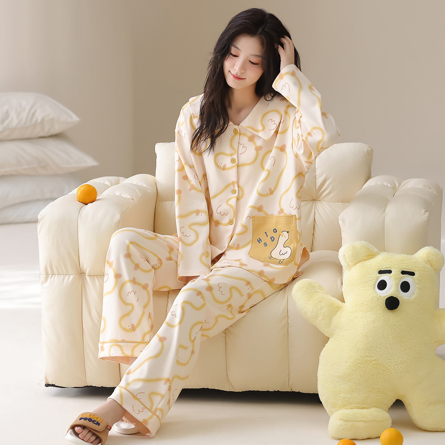 [Algodón puro] 40 pijamas de doble cara para mujer, primavera, otoño e invierno, nuevo estilo de manga larga con almohadilla para el pecho, traje de servicio a domicilio que se puede usar afuera