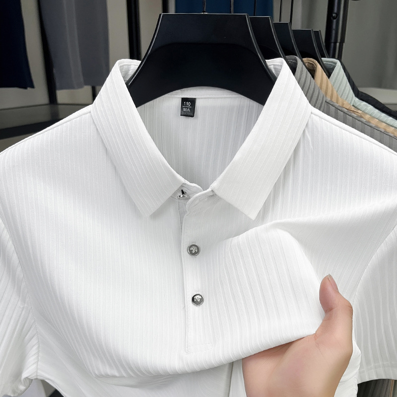 Dad's High-end Striped Ice Silk Short-sleeved T-shirt Men's Lasel Summer Solid Color Polo Half-sleeved Breathable Clothes for Hair