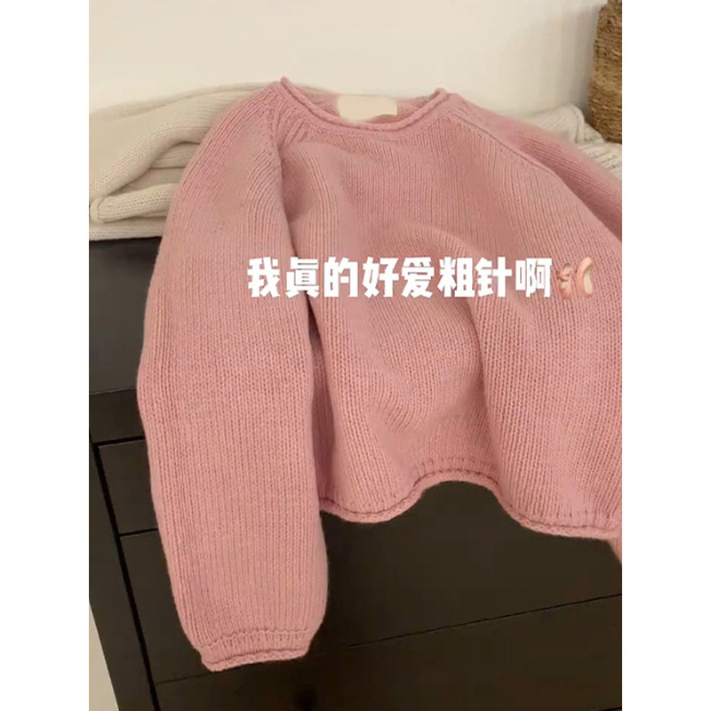 法式洋气黄色针织衫毛衣套头新款女秋季粗棒针宽松慵懒风上衣|undefined