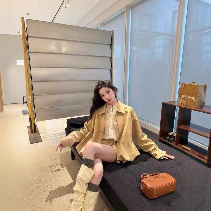Barb chill翻领夹克短外套女早秋卡其色套装不规则工装风半身裙|undefined