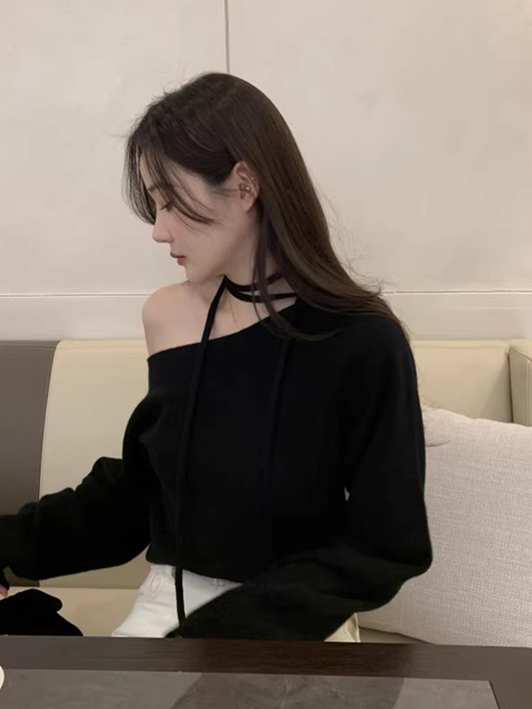 粉色毛衣女春秋新款韩系气质时尚圆领系带设计宽松慵懒软糯针织衫|undefined