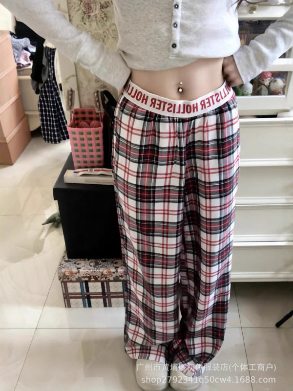 高版本~hollis**r25新款小海鸥格纹小狗印花休闲裤显瘦长裤女|undefined