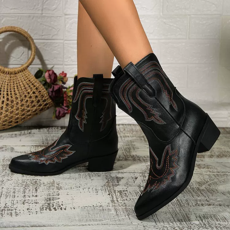 Foreign trade large size printed knight boots 2024 autumn and winter new square heel mid-calf western cowboy style women's boots Amazon women