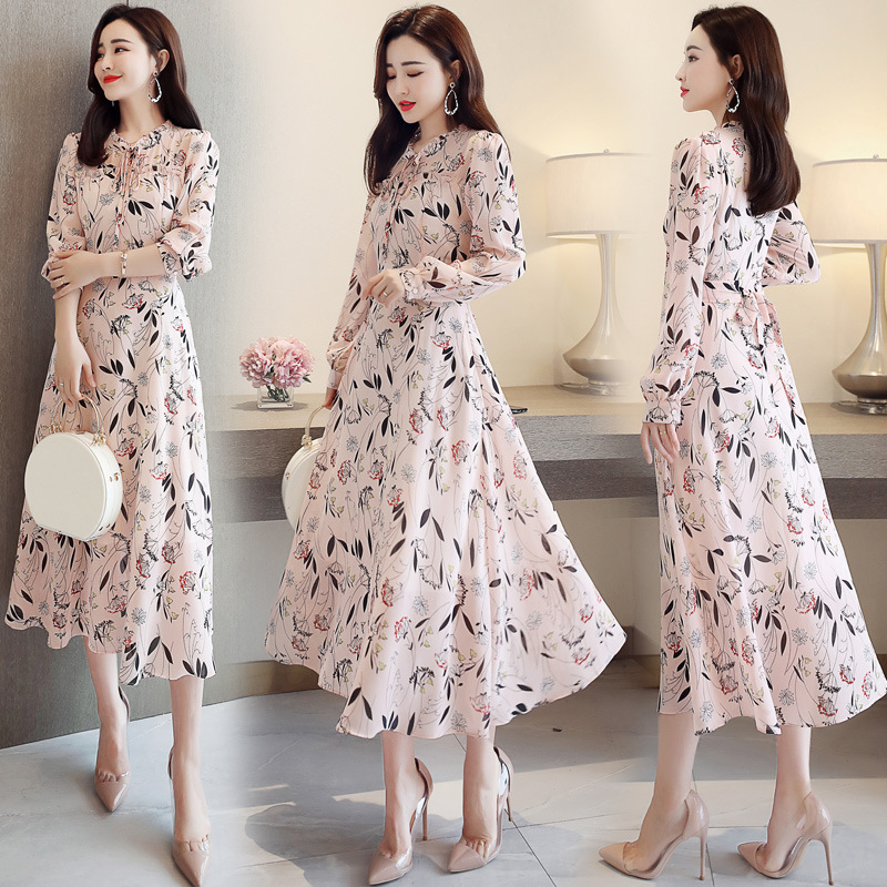 Mom's long sleeve new mid-length new dress floral chiffon Korean style long hot mom autumn and winter fashion