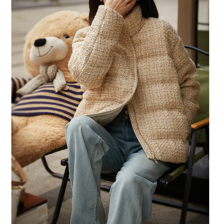 95% White Goose down Tweed Style Plaid down Jacket, Women's High-End Mid-Length Spring down Jacket