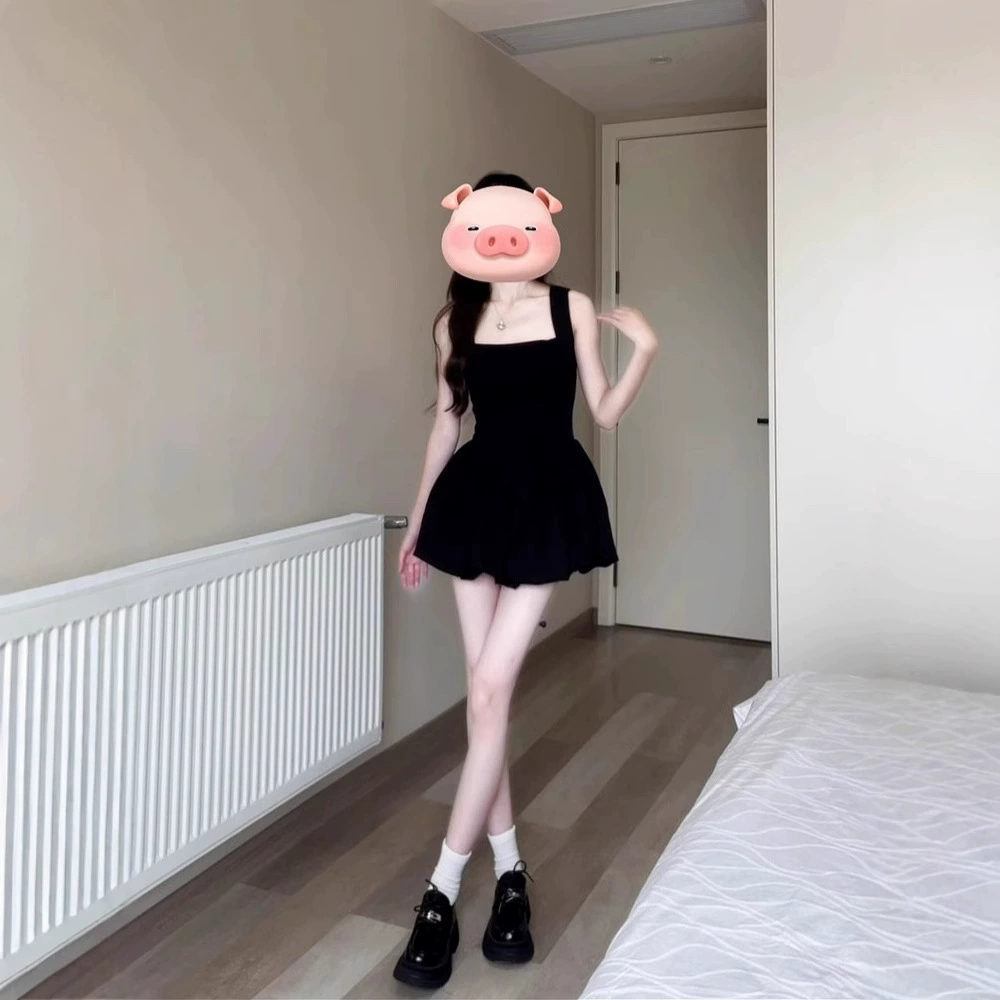 Черное женское платье без рукавов на подтяжках, летняя французская милая темпераментная юбка для похудения талии с пышными бутонами