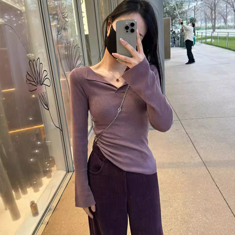 依帆泰纯色V领长袖打底衫修身显瘦毛衣针织衫女百搭微喇叭袖上衣|undefined