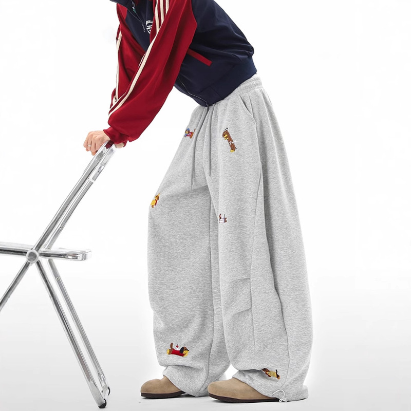 Casual and Fun Dachshund Embroidered Scimitar Sweatpants for Men and Women, Loose Fit Autumn Sports Pants, Couple Wide-Leg Pants