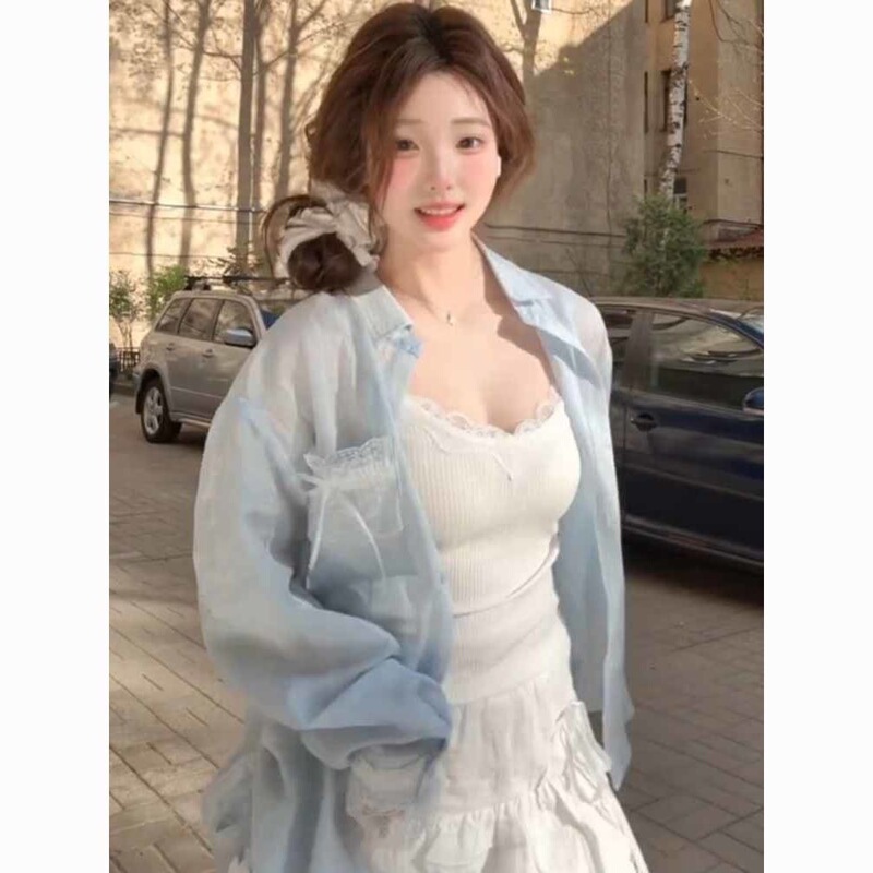2025 Lace Splicing Design Blue Sun Protection Shirt Women's Summer Thin Ice Silk Loose Shirt Jacket 2025 Lace Splicing Design Blue Sun Protection Shirt Women's Summer Thin Ice Silk Loose Shirt Jacket