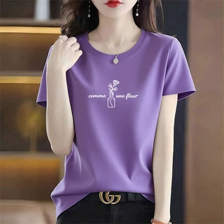 高品质纯棉短袖t恤女夏季新款韩版简约日常轻奢体恤圆领印花上衣