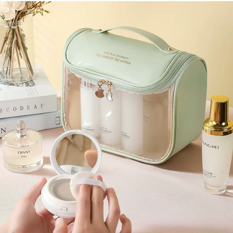 pu高级感防水透明化妆包大容量便携手提收纳包旅行游泳包洗漱包