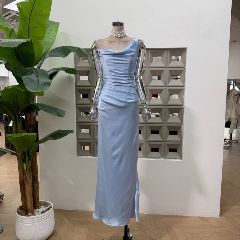 Amazon's Simple and Elegant Early Summer Slim-Fit Evening Dress, Classic Solid Color One-Shoulder Pleated Fishbone Lace-Up Long Dress