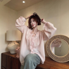 设计感木耳边系带长袖衬衫女装2025新款夏季小众薄款宽松V领上衣
