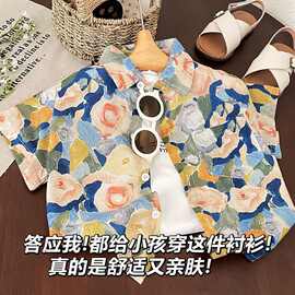夏季薄款休闲衣服男童新款儿童短袖衬衫度假风宝宝沙滩风2026年