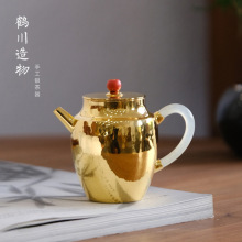 纯银999泡茶壶纯手工家用茶具纯银镀纯金日式岫玉柄茶家对壶大号