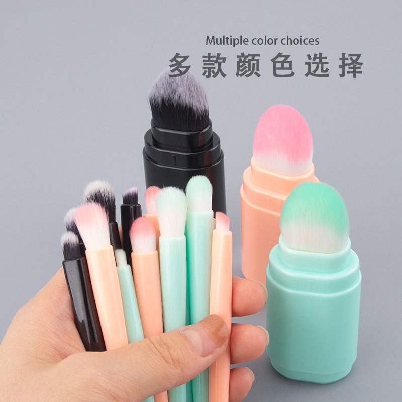 Cinco en uno cepillo de maquillaje portátil de doble cabeza con tapa cepillo de blush en polvo cepillo de sombra de ojos herramienta de maquillaje multifuncional