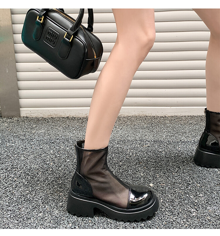 Boot ngắn nữ da thật vải lưới cao gót 6cm mùa hè phong cách Anh thoáng khí — Màu đen, Trắng be chi tiết 66
