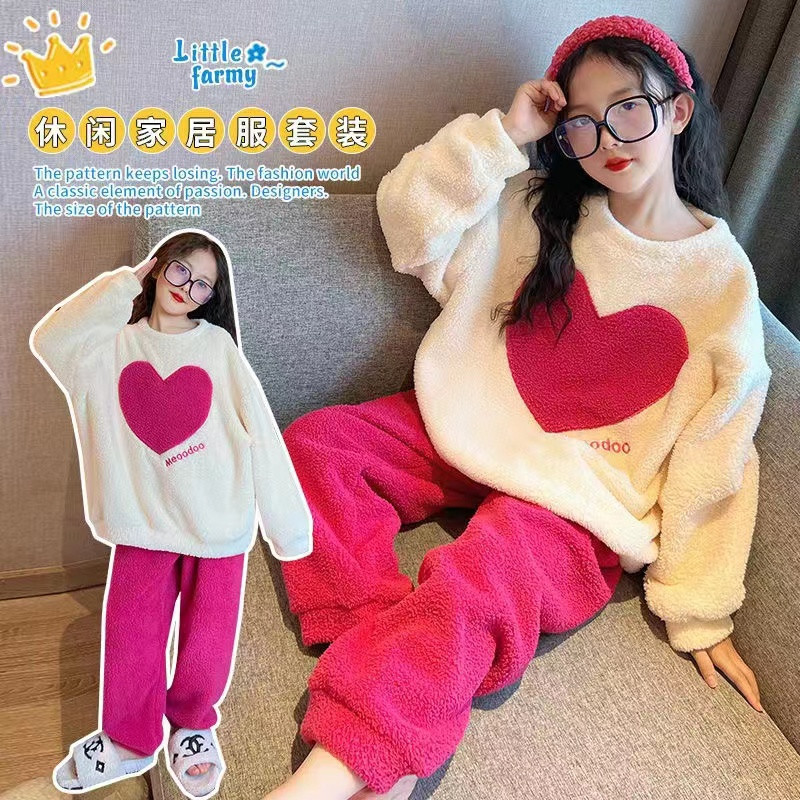 Cross-border girls' fleece-lined casual children's home wear autumn and winter new style big kids' fashionable thick coral fleece pajamas two