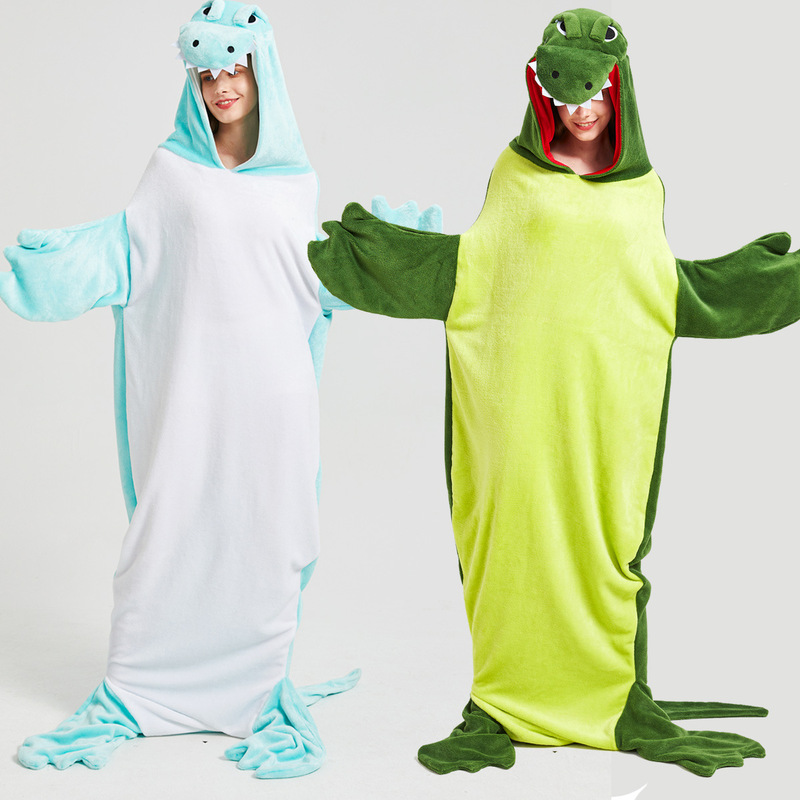 Crocodile sleeping bag cross border new winter cartoon animal conjoined pajamas flannel shark home clothes conjoined shark nightgown
