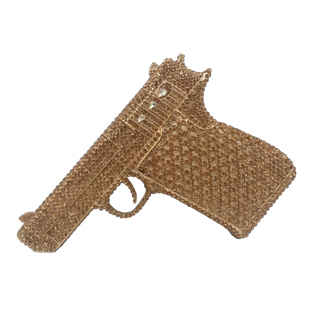 Seleccione estrictamente la nueva bolsa de cena con diamantes transfronterizos, bolsas de mano de diamantes en forma de pistola, bolsas de banquete europeas y estadounidenses, bolsas de diamantes llenas de personalidad