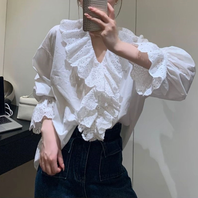 “赫本假日秋季女装v领花边衬衫百搭日常上衣女新品高级感衬衣潮|undefined