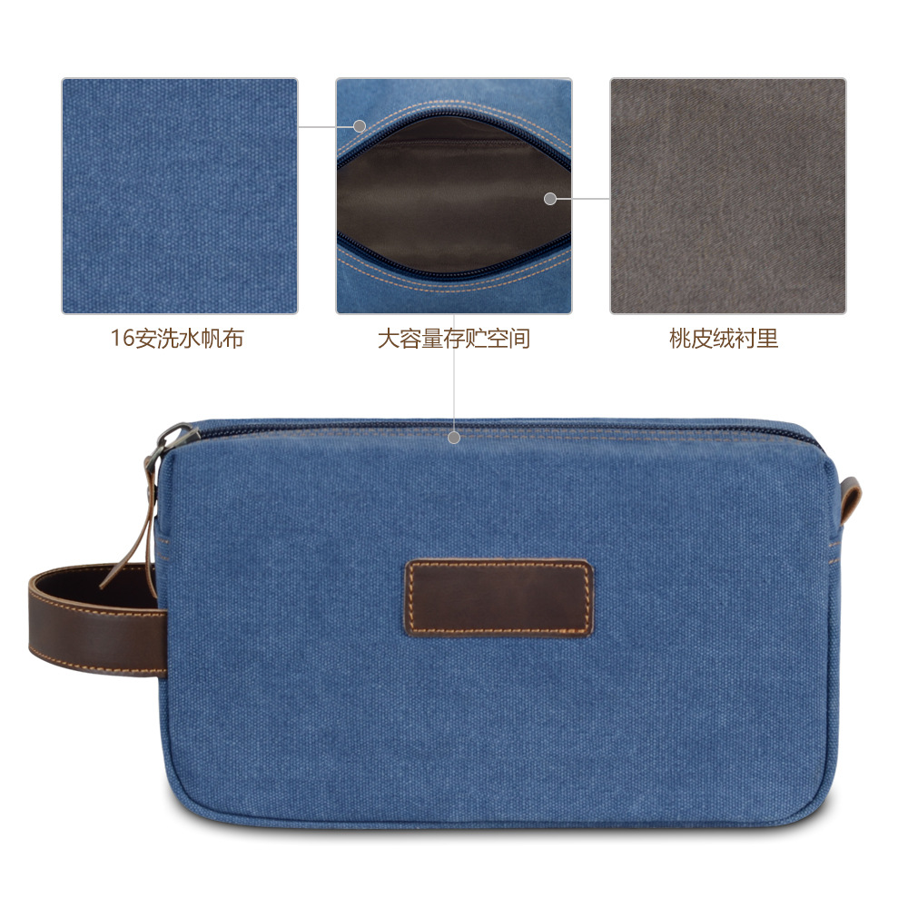 Bolsa de aseo masculina impermeable de lona con detalles de cuero retro