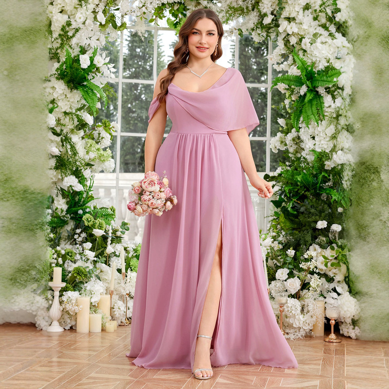 Women's Plus Size One-Shoulder A-Line Chiffon High-Slit Large Hem Bridesmaid Evening Dress