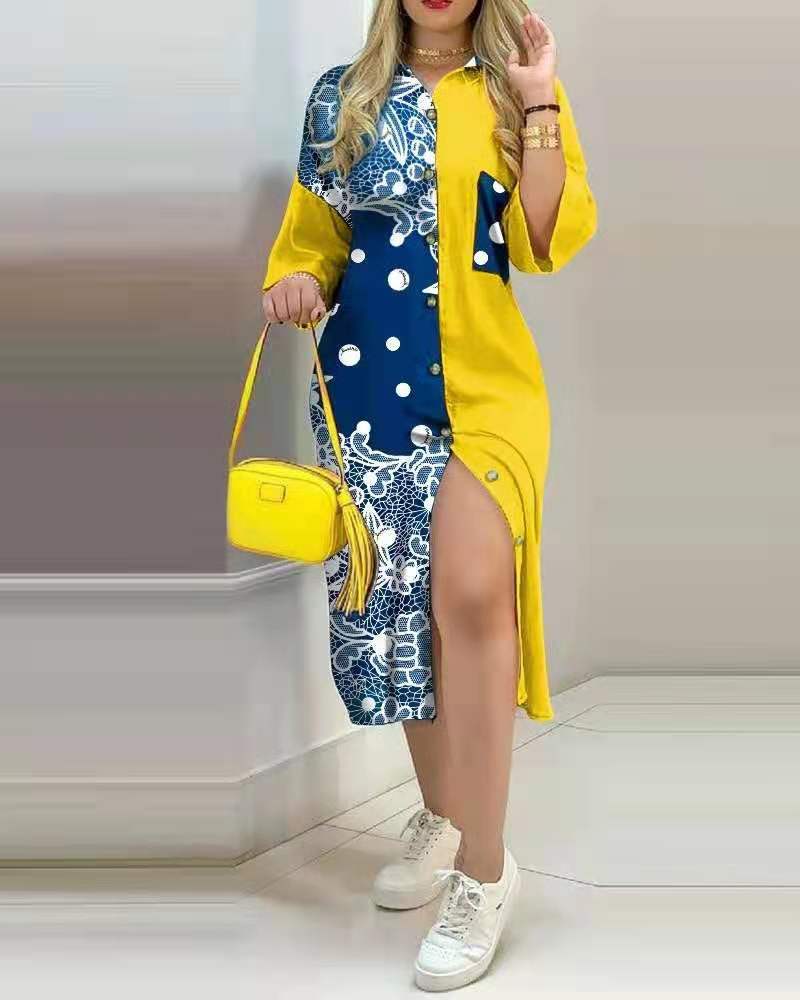 Women's Shirt Dress Casual Turndown Printing Patchwork 3/4 Length Sleeve Printing Midi Dress Daily display picture 2