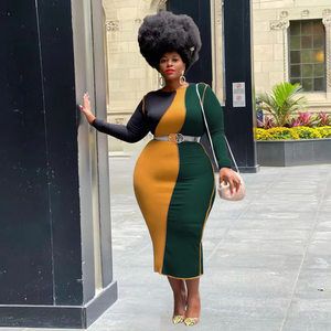 product - wholesale Plus Size Women Clothing Spring Stitching Contrast Color Tight Dress - 12
