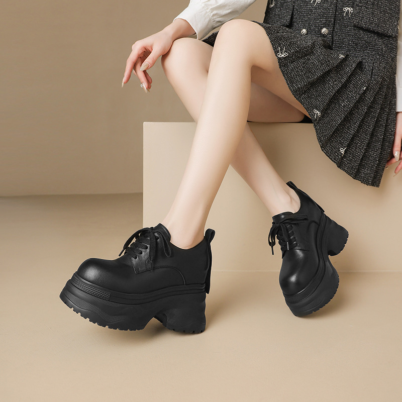 Giày sneaker nữ chunky đế dày phối màu mùa thu 2025, da bò thật, tăng chiều cao 12cm, buộc dây — Màu đen, Màu xám trắng, Màu trắng