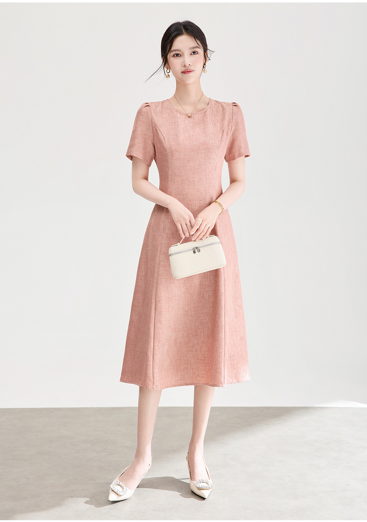 Đầm chữ A nữ cao eo họa tiết jacquard nơ — màu hồng chi tiết 4