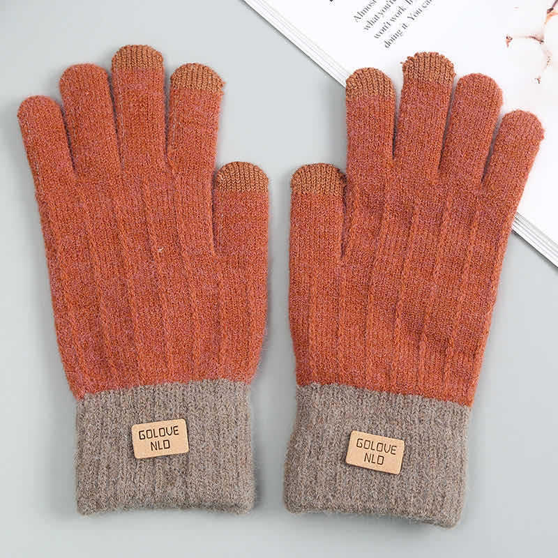 Fashion Khaki+beige Cashmere Knit Five Finger Gloves 