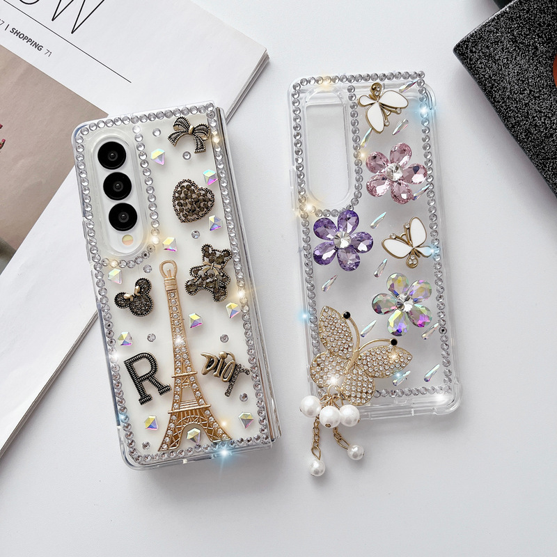 Suitable for Samsung Z Fold 7 Phone Case with Rhinestones, Z Fold 5 Lanyard, Paris Eiffel Tower Bear Full Protection Cover