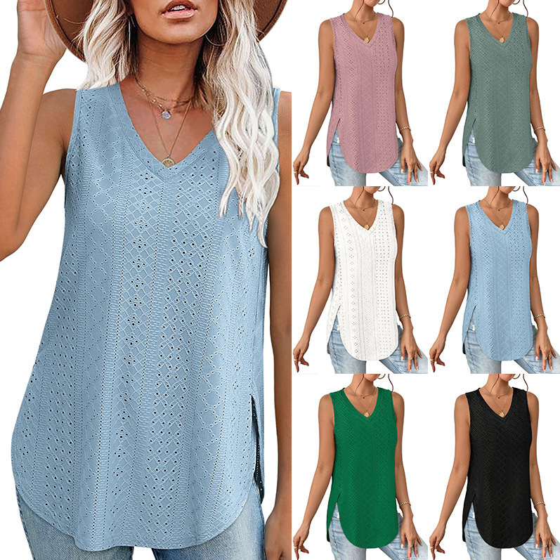 2024 cross-border Europe and the United States spring and summer Amazon new V-neck vest sleeveless eyelet jacquard jacket casual vest women