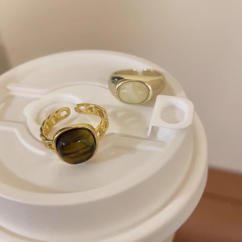 美拉德風復古琥珀色天然石開口戒指女氣質百搭小眾設計高級感新品
