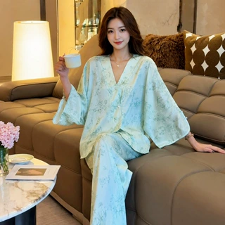 夏季七分袖新中式国风高级感睡衣女冰丝睡衣收腰显瘦可外穿