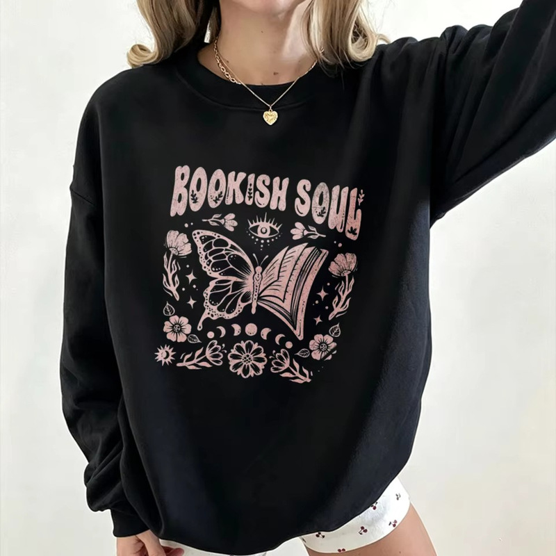 Mysterious round neck sweatshirt, bookish soul, flower, moon cycle, butterfly, book art, aesthetic, bookworm Mysterious round neck sweatshirt, bookish soul, flower, moon cycle, butterfly, book art, aesthetic, bookworm